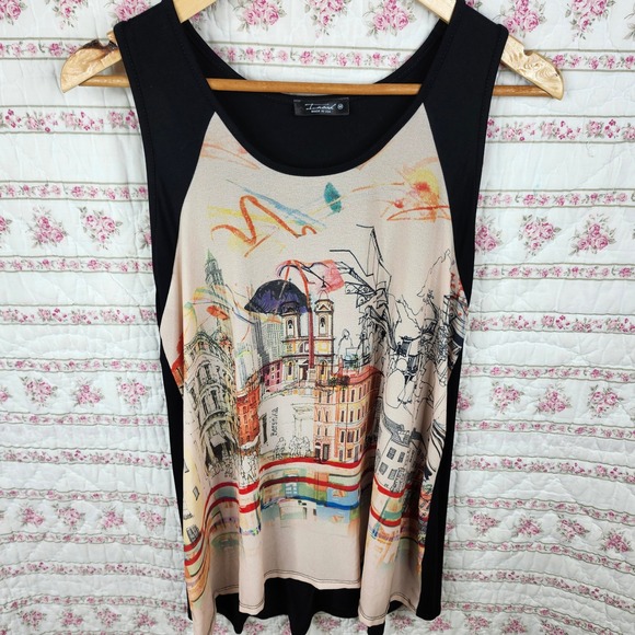 Troosh Made in USA Tank Top Medium Sleeveless Black Beige Cityscape Print - Picture 1 of 7